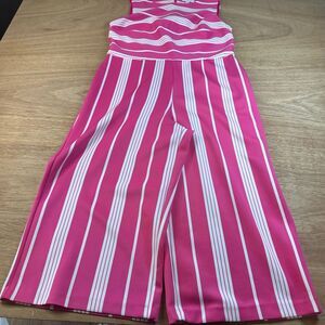 New York & Company Petite Striped Jumpsuit Pink White Wide Leg L
